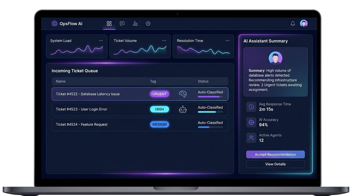 Plataforma de operaciones con agentes de IA clasificando tickets